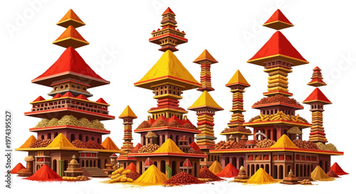 Vibrant red and yellow pagodas rise majestically amidst serene landscape surroundings.