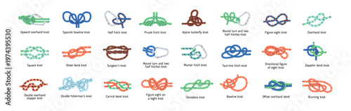 Different techniques of knots set. Tutorial of climbing bundles, marine string nodes, sailor rope ties, hiking loops with hitches and carabiners. Flat isolated vector illustrations on white background