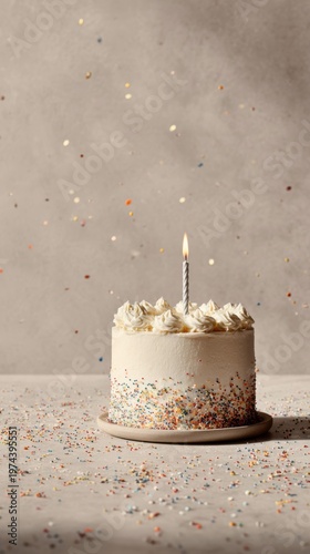 simple achievement cake with single lit candle on neutral matte background, falling colorful confetti, copy space, mock up. intimate celebration, birthday party, milestone celebration, greeting card