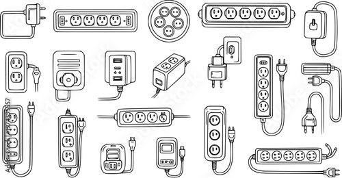 Technology Electronics Black and White Line Art Sketch: Hand-drawn Collection of Power Strips, Electrical Outlets, Plugs, and Adapters