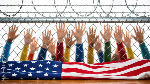 US immigration crisis concept with barbed wire fence, raised migrant hands and American flag. 