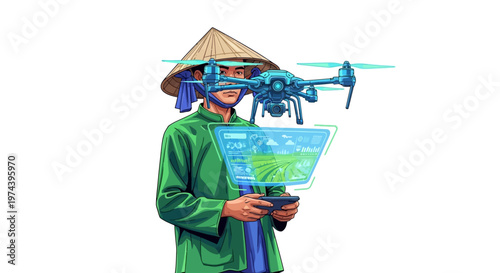 Man in green shirt and conical hat operates drone with map