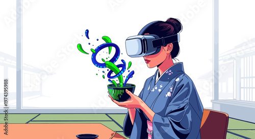Woman in VR headset explores virtual plant growth in a serene indoor setting.
