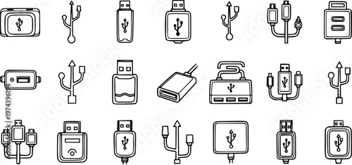 Technology USB Connector Port and Cable Icons Set in Outline Black and White Linear Vector Style for Digital Devices and Modern Connectivity
