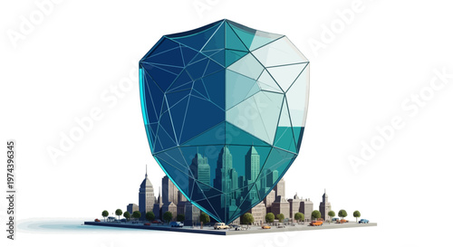 A futuristic cityscape emerges from a large blue crystal structure.