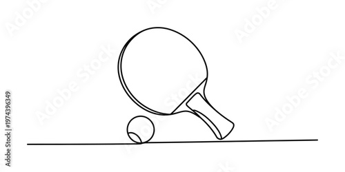 A minimalist black and white line art illustration featuring a ping pong paddle and a small ball Vector, illustration