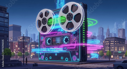 A futuristic neon-lit cassette tape billboard stands prominently in a cityscape at dusk with film reels on top.