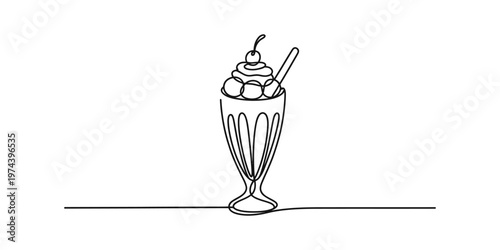 A single continuous line drawing of a delicious ice cream sundae served in a tall glass vessel Vector, illustration