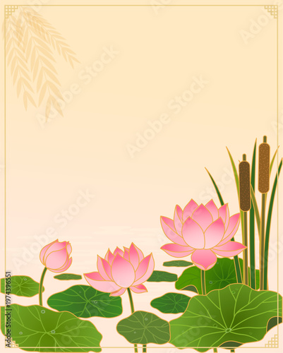 The calm summer scenery of lotus flowers blooming on a calm pond