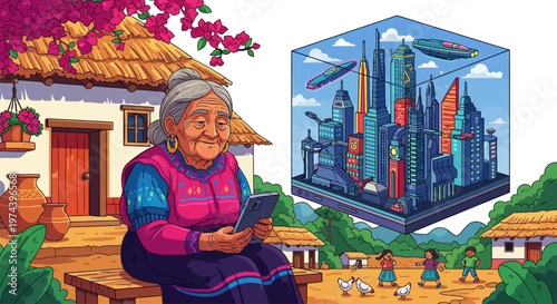 Elderly woman sits on porch steps holding tablet next to rural village with futuristic cityscape hovering nearby.