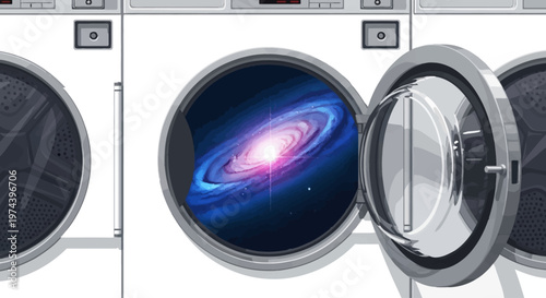 A surreal scene of a washing machine displaying a galaxy, blending technology and space.