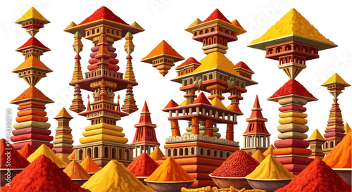 A vibrant illustration depicts a fantastical cityscape with tall structures and colorful conical buildings under a clear sky.