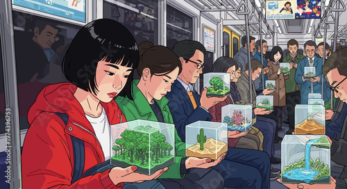 Commuters on a train hold and admire small terrariums with plants and animals.