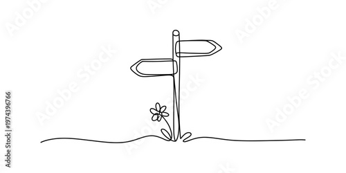 Minimalist continuous line drawing of a simple blank wooden signpost with a small flower blooming Vector, illustration
