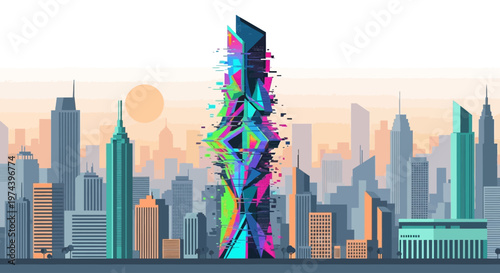 Vibrant colorful skyscraper stands out in cityscape at sunset with buildings and tower
