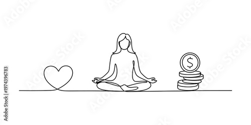 Minimalist continuous line drawing of a person meditating between a heart and a stack of money Vector, illustration