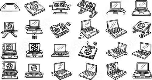 Technology Computing Hand Drawn Line Art Doodle Icons of Laptops, Notebooks, and Cooling Pads Set