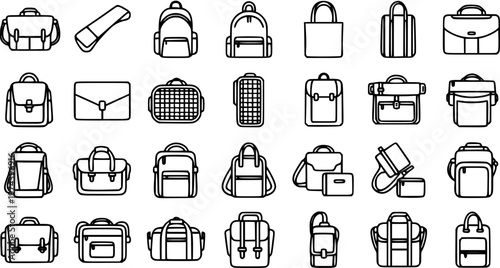 Black and White Line Art Icons of Various Bags and Backpacks for Travel and Fashion