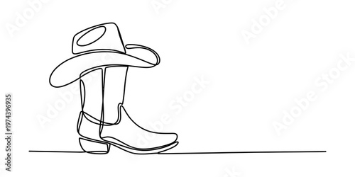 A single continuous line drawing of a classic cowboy boot with a matching western style hat top Vector, illustration