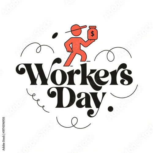 Workers day typographic design with a red worker icon holding a jar of money and curly lines. Vector, illustration