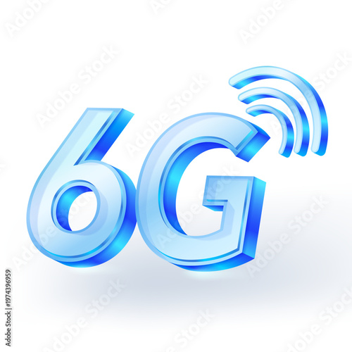 6G network technology icon in 3D glass style, blue translucent high speed wireless connection symbol with signal waves, futuristic internet communication on white background. Vector illustration.
