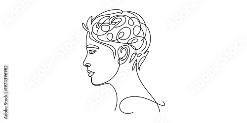 A creative line art illustration depicting a person in profile with a complex brain connection. Vector, illustration