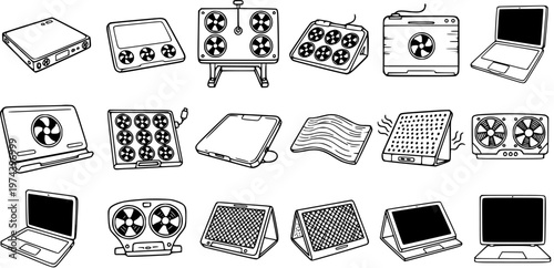 Black and White Line Art Set of Technology Laptop Cooling Pads and Electronic Device Accessories