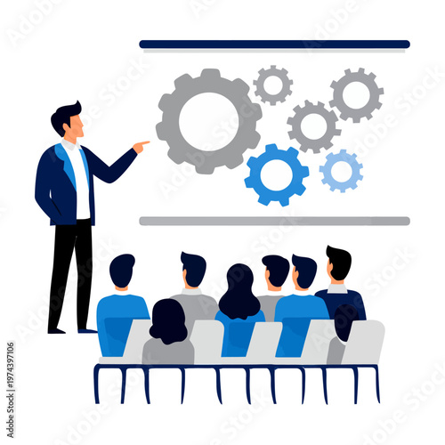 Vector of a man presenting gears to an audience during a business meeting