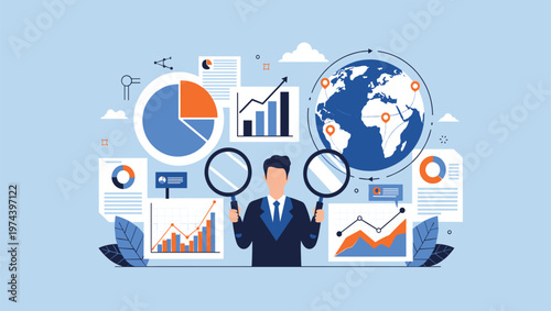 Business Team Analyzing Data Analytics Dashboard with Charts, Graphs, and Financial Reports on Large Computer Screen for Corporate Strategy Vector Illustration