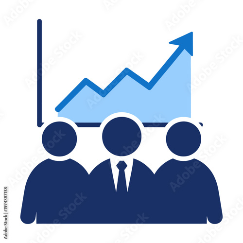 Vector of business professionals analyzing upward trend graph during a collaborative meeting