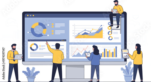 Business Team Analyzing Data Analytics Dashboard with Charts, Graphs, and Financial Reports on Large Computer Screen for Corporate Strategy Vector Illustration
