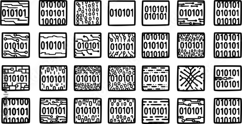 Binary Code and Circuit Board Digital Patterns - Technology  IT Line Art Glyph Set for Computing and Data Concepts