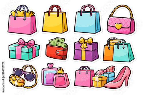 Colorful shopping icons collection with bags, gifts, and accessories.