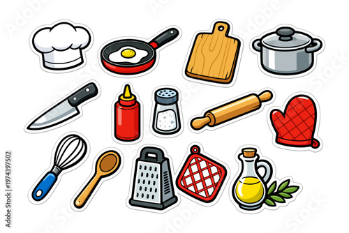 Colorful kitchen utensils and cooking tools collection.