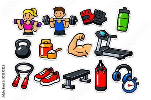 Cartoon fitness equipment and characters - workout gear and exercise icons.