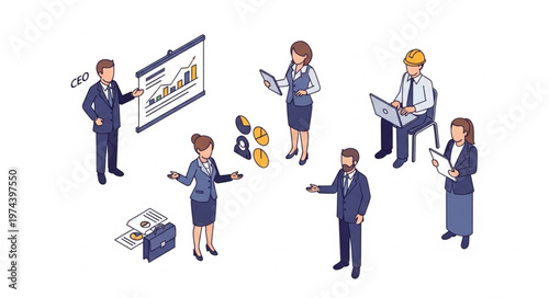 Group of business professionals collaborating in office meeting.