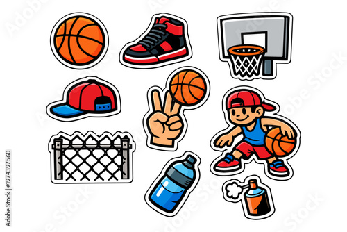 Basketball stickers: boy playing, shoes, hoop, cap, fence, water bottle, spray paint, peace sign.