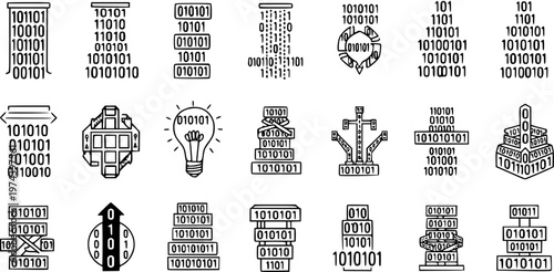 Technology Binary Code Line Art Icons Set. Digital Data, Programming, and Algorithm Concept Glyph Pictograms for IT and Computer Science.