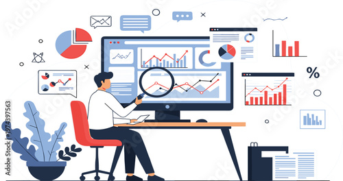 Business Data Analysis Dashboard with Analyst Reviewing Financial Charts, Performance Metrics, and Market Statistics on Computer Screen Vector Illustration