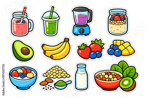 Colorful smoothie ingredients and blender cartoon illustration.