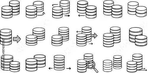 Technology Data Management Hand-Drawn Database Icons Set: Black  White Line Art Doodles of Servers, Storage, Migration, and Search for IT Concepts.