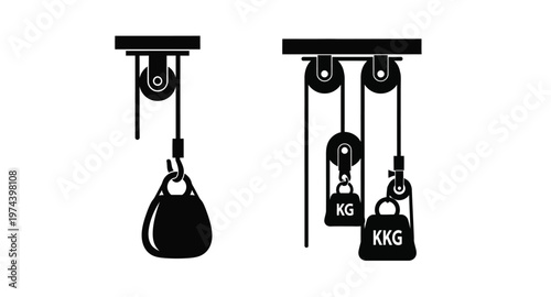Pulley systems illustration showing single and double pulleys on transparent background silhouette