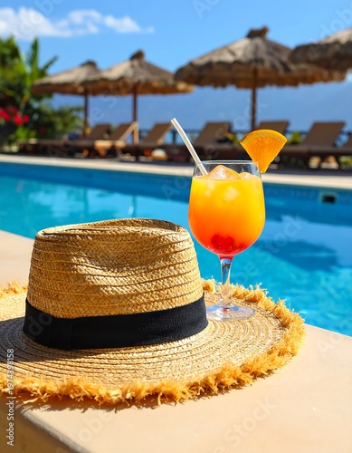 Tropical scene depicts a straw hat, cocktail with an orange slice, and sun umbrellas by a pool