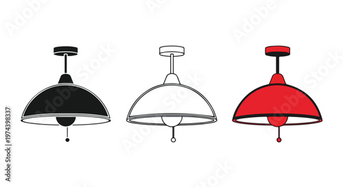 Three different colored pendant ceiling lights in black, white, and red, isolated on a white background