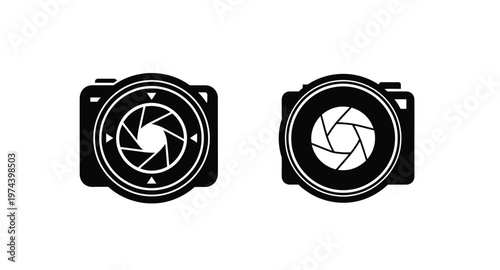 Two black camera lens icons with aperture ideal for design on transparent background silhouette