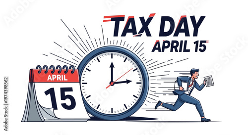 An illustration featuring a businessman rushing past a clock towards a calendar set on April 15, symbolizing the tax payment deadline, presented in a vibrant, flat vector style