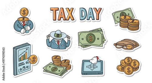 Overhead vector illustration featuring various tax-related icons such as money stacks, financial charts, and suited figures, all against a clean white background, conveying a sense