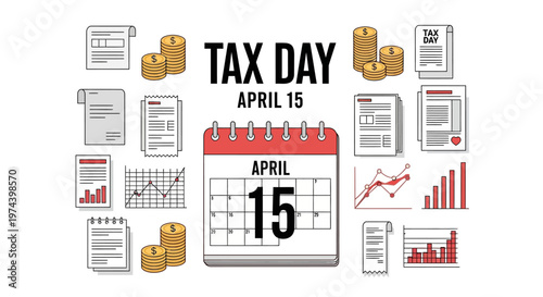A flat lay illustration depicts the concept of tax day with a calendar centered and surrounded by stacks of coins, tax forms, and financial paperwork against a clean white background