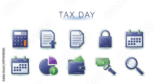 A flat lay illustration featuring icons representing the financial tax concept and tax preparation concept, including a calculator, paperwork, calendar, and magnifying glass