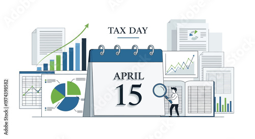 A conceptual vector illustration of tax day on April 15th, featuring financial paperwork and charts around a calendar with a magnifying glass, set against a white background to highlight